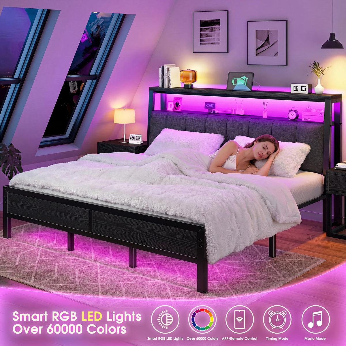 King Bed Frame with Charging Station Black V24227