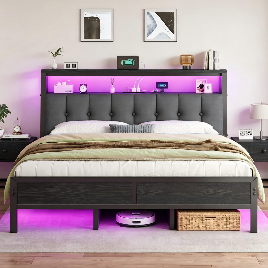 King Bed Frame with Charging Station Black V24227