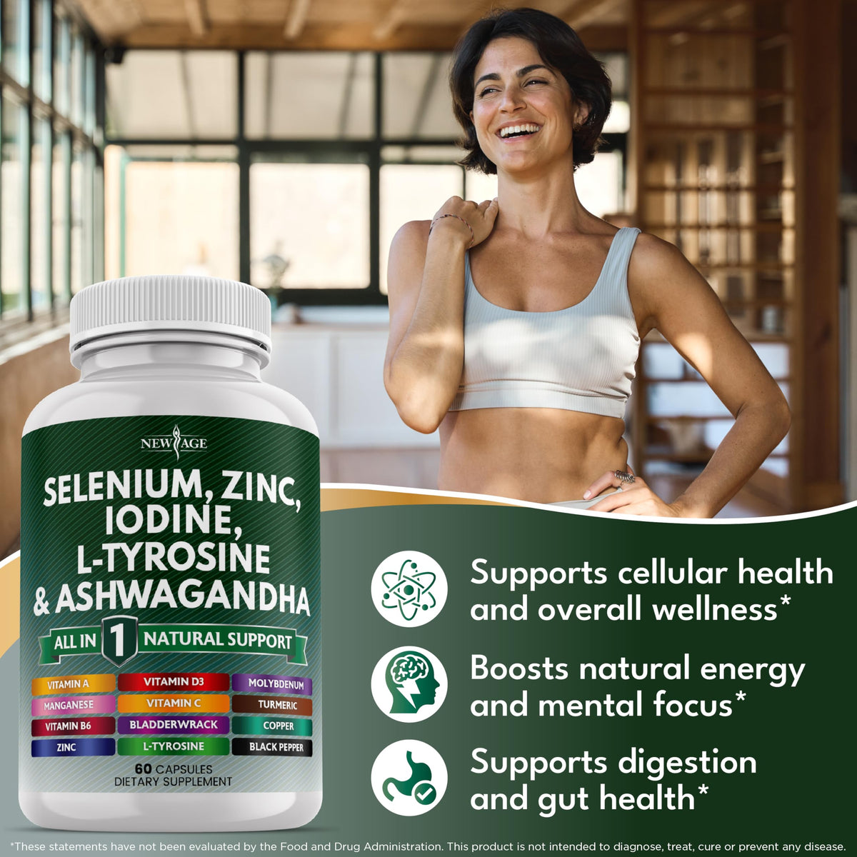 Selenium Zinc Iodine L Tyrosine Ashwagandha Supplement 120 Count L4583