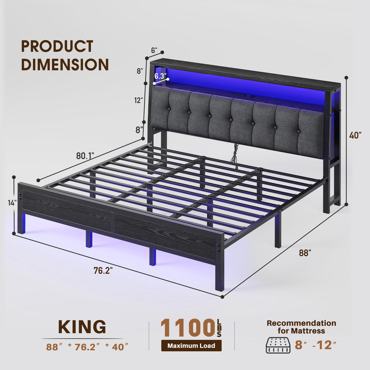King Bed Frame with Charging Station Black V24227