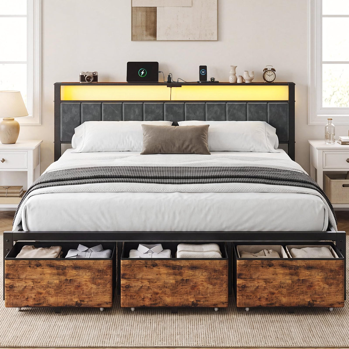 King Size Bed Frame with Storage Headboard and 3 Drawers V863