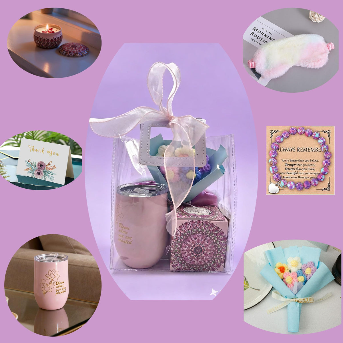 Spa Gift Set with Insulated Tumbler, Candle, Sleep Mask & Flower Bouquet V9185