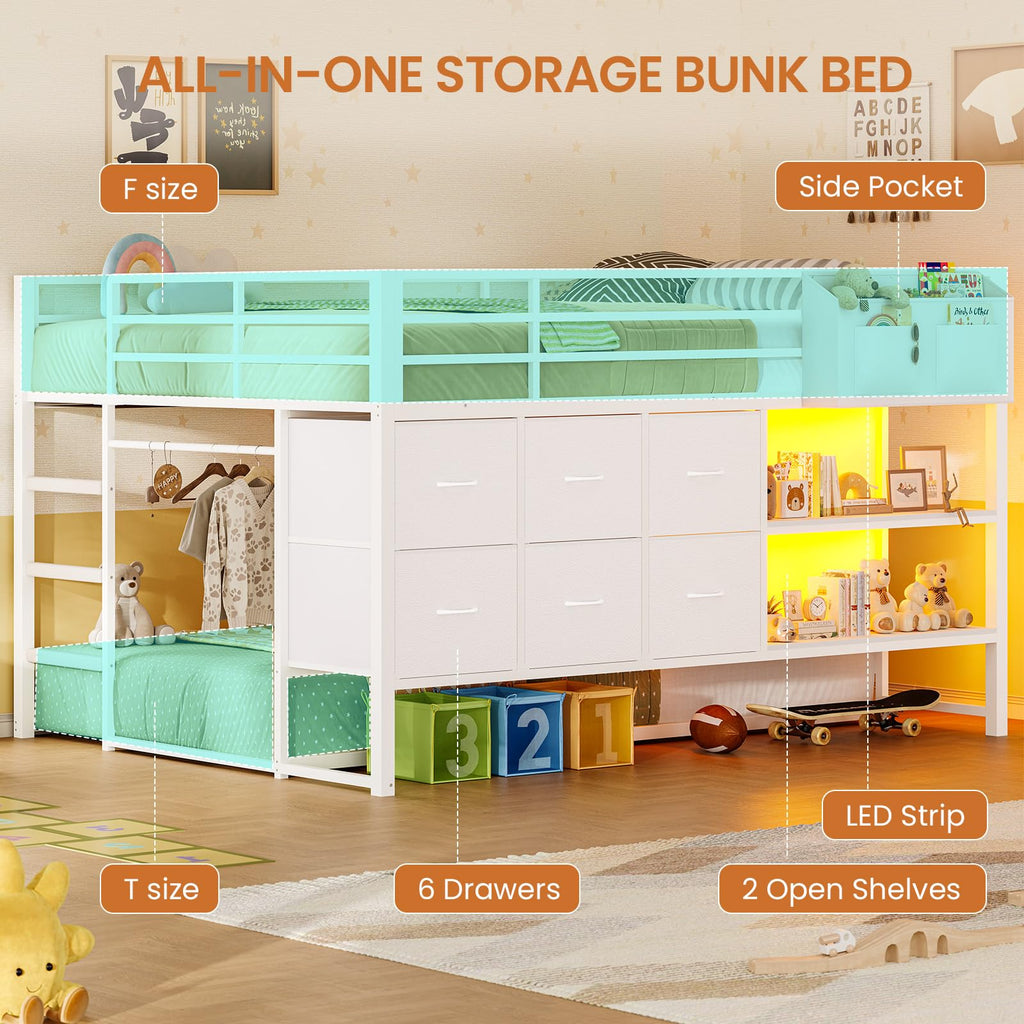White Full Over Twin Bunk Bed with 6 Drawers and LED Lights F10371