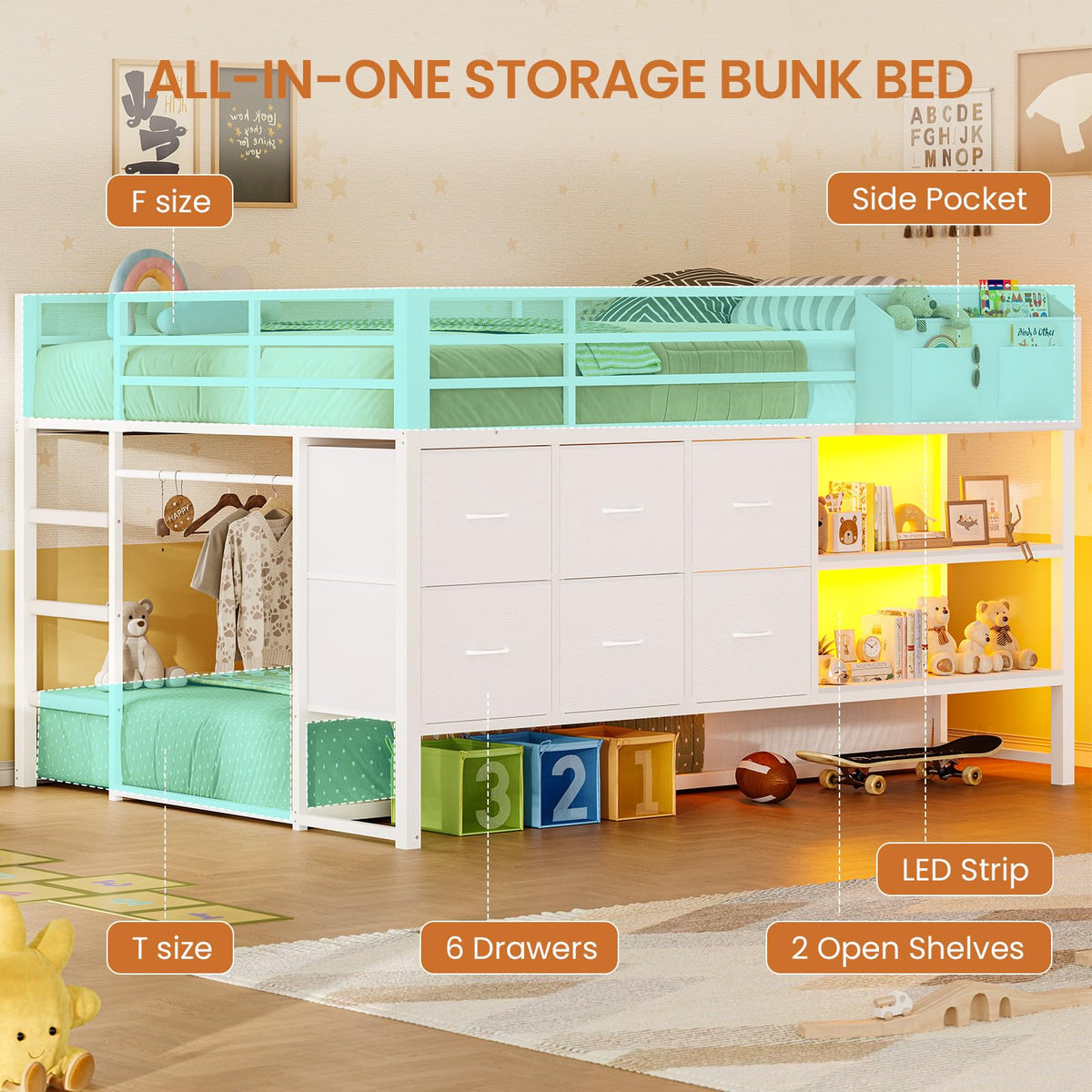 White Full Over Twin Bunk Bed with 6 Drawers and LED Lights F10371