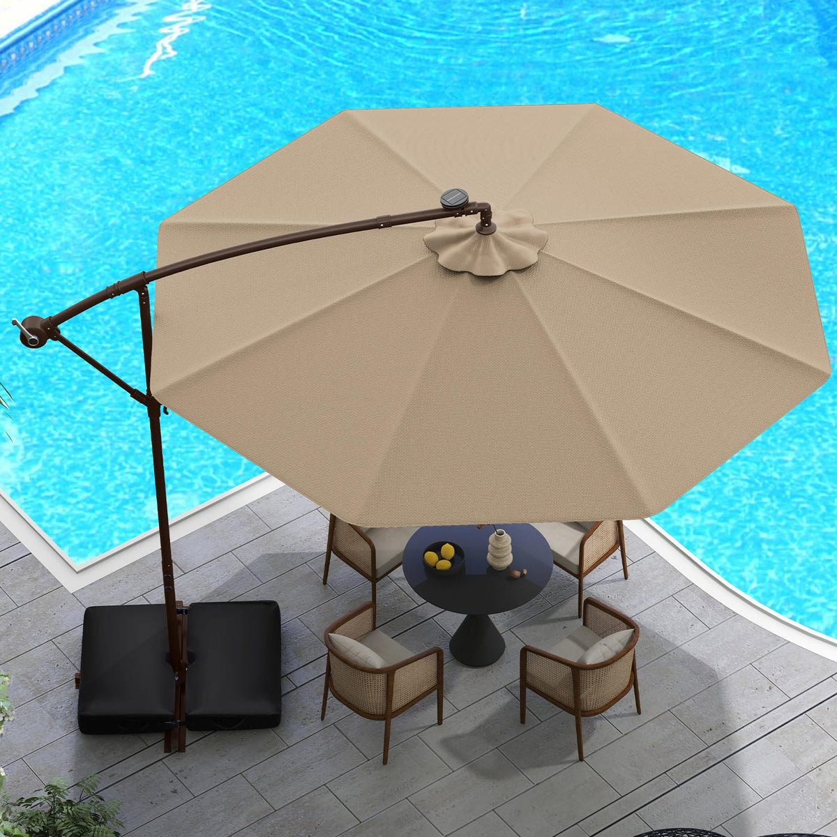 10FT Offset Patio Umbrella with Base and 40 Solar LED Lights I2047