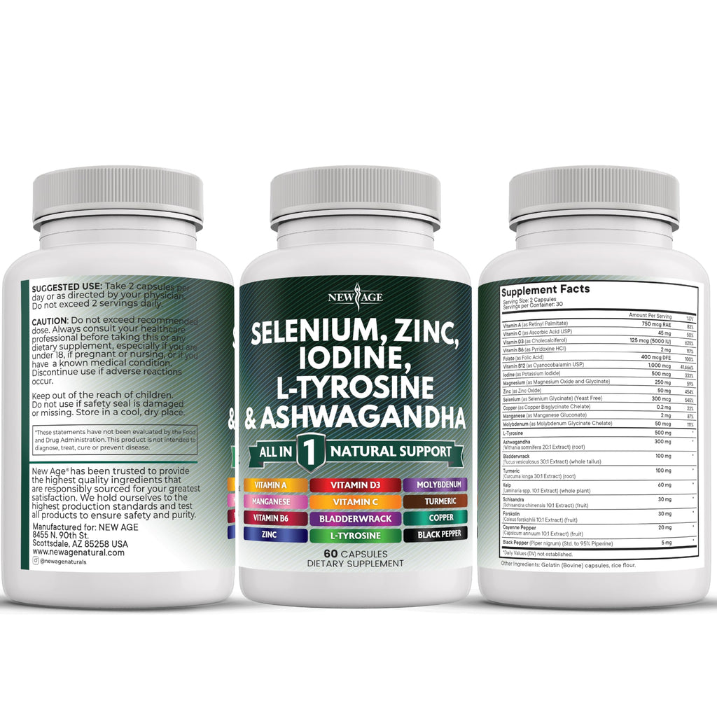 Selenium Zinc Iodine L Tyrosine Ashwagandha Supplement 120 Count L4583