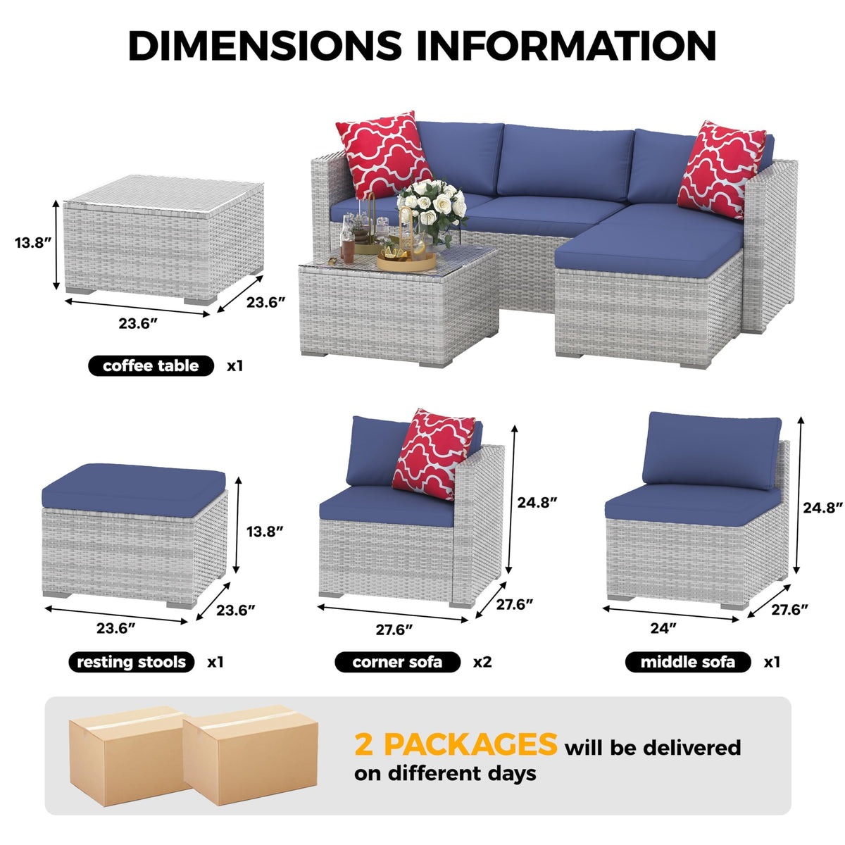 5-Piece Wicker Patio Furniture Set with Cushions & Coffee Table E894