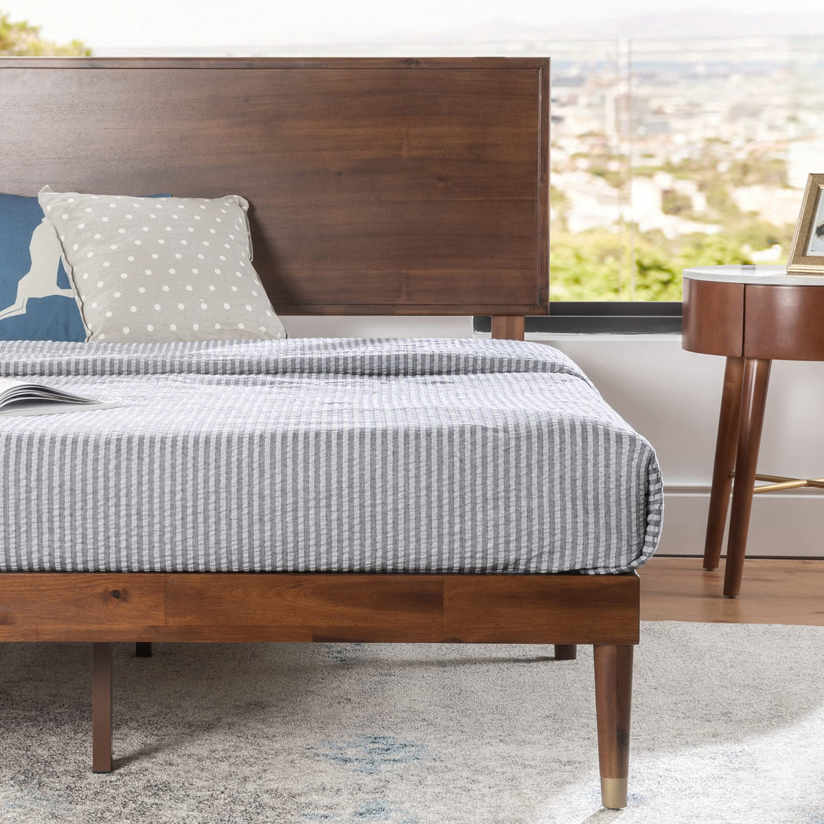King Brown Wood Platform Bed Frame with Adjustable Headboard F53945