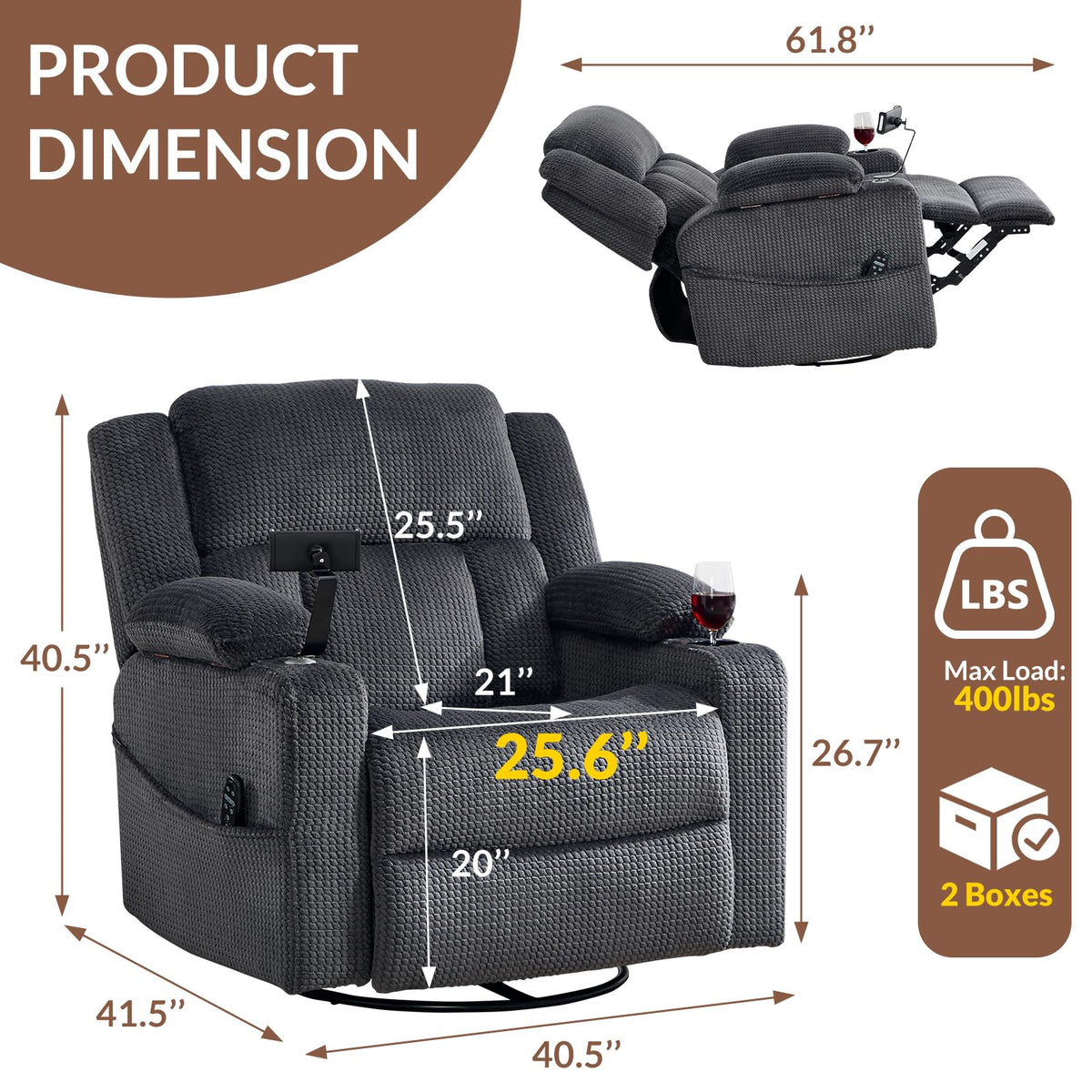 Oversized Power Recliner Chair with Massage and Heat, Grey N5441