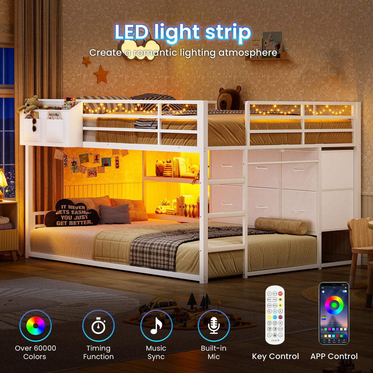 White Full Over Twin Bunk Bed with 6 Drawers and LED Lights F10371