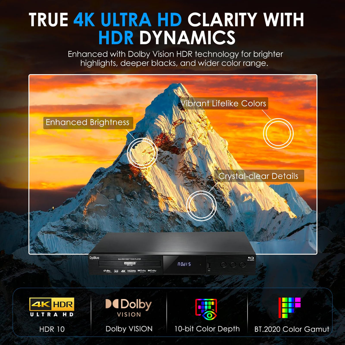 4K UHD Blu Ray DVD Player with Dolby Vision Atmos HDR10 Twin HDMI K502