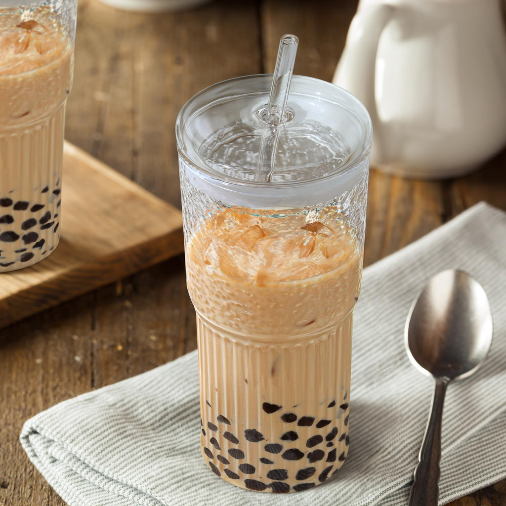 22 oz Clear Borosilicate Glass Tumbler with Straw and Lid, Set of 2 F312478