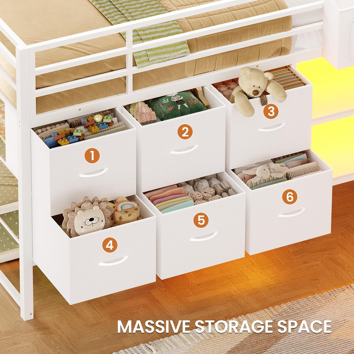 White Full Over Twin Bunk Bed with 6 Drawers and LED Lights F10371