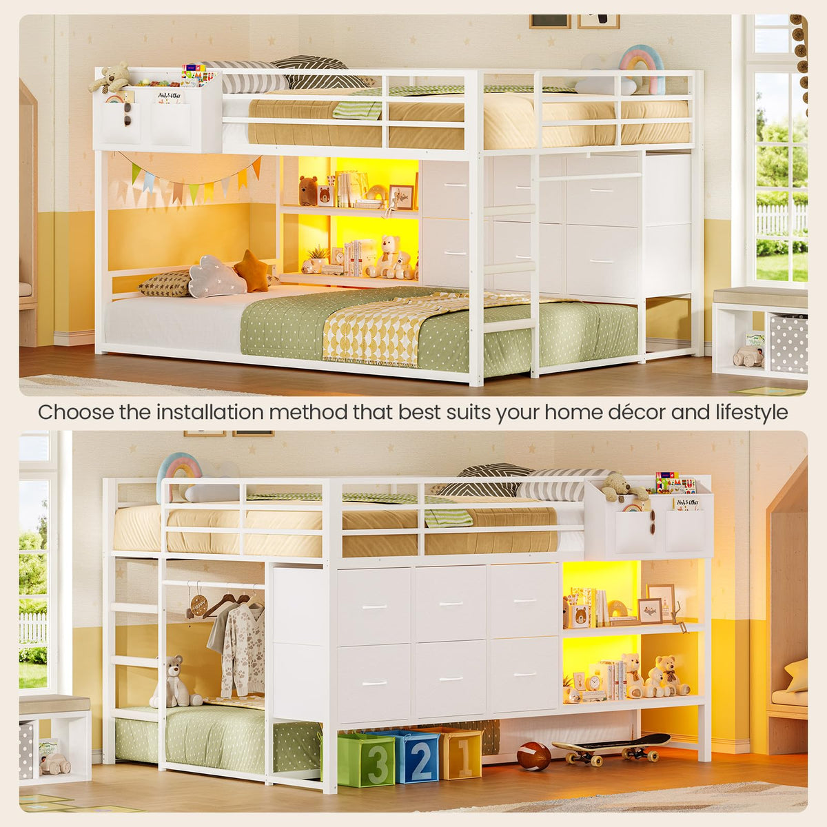 White Full Over Twin Bunk Bed with 6 Drawers and LED Lights F10371