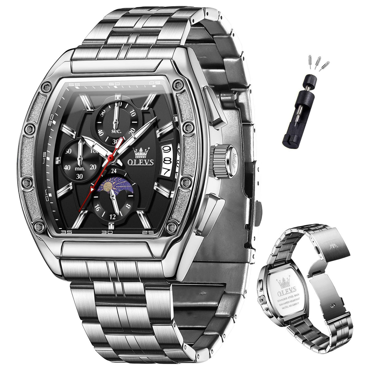 Men Big Square Face Chronograph Stainless Steel Dress Watch F20712