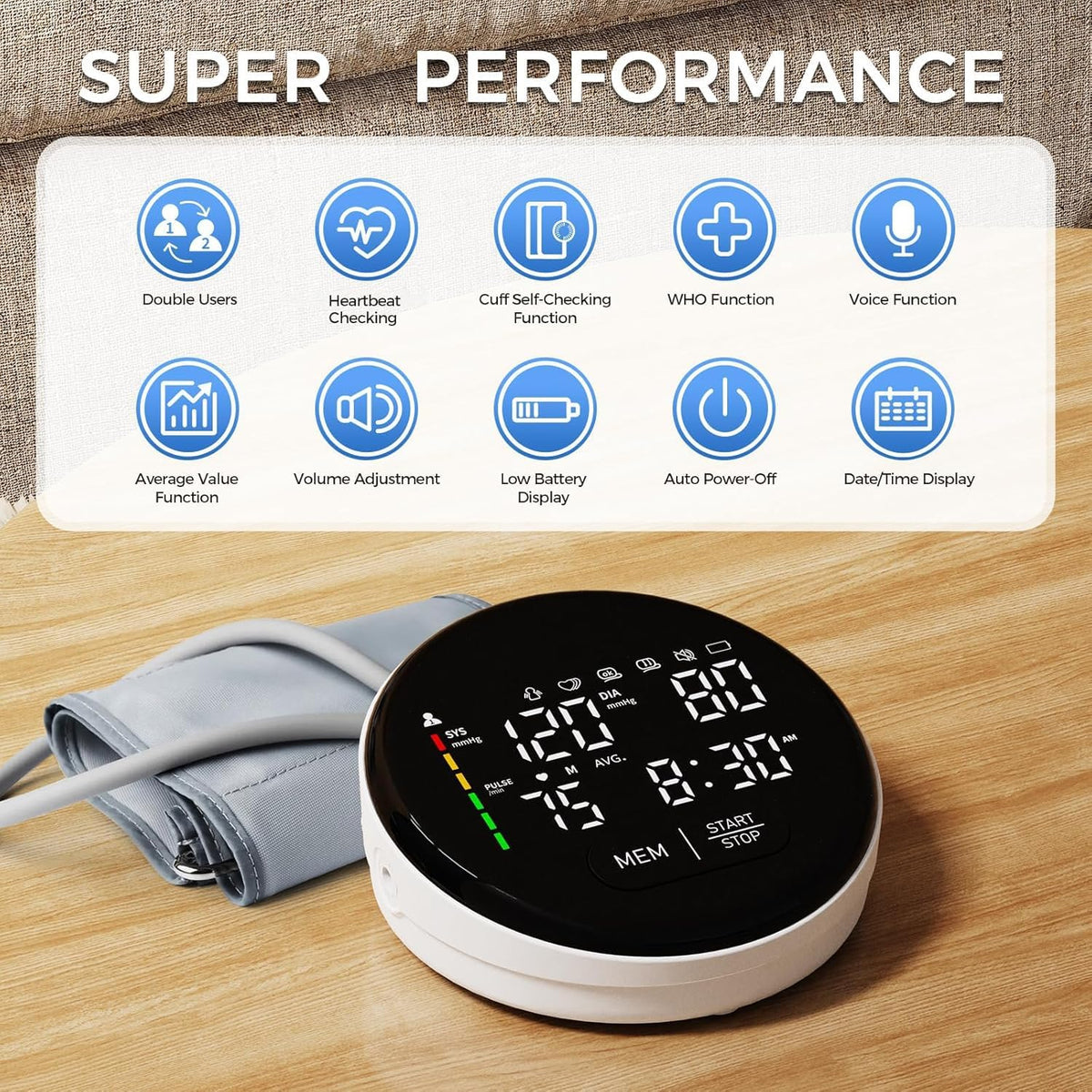 Blood Pressure Monitor Upper Arm Adjustable Cuff Voice Broadcast Large Backlit Display 240 Sets Memory L307