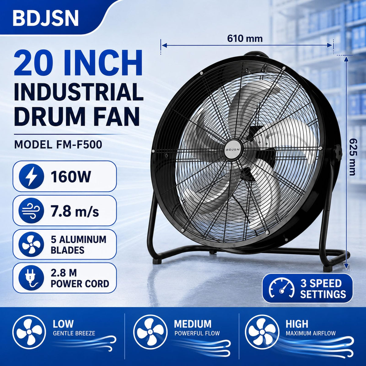 3-speed High Velocity Drum Fan with 5 Aluminium Blades E4739