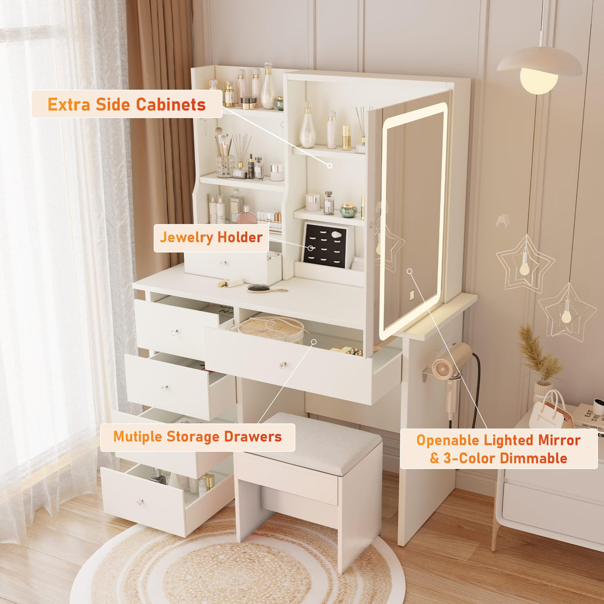 White Makeup Vanity Desk with LED Lights Mirror K368