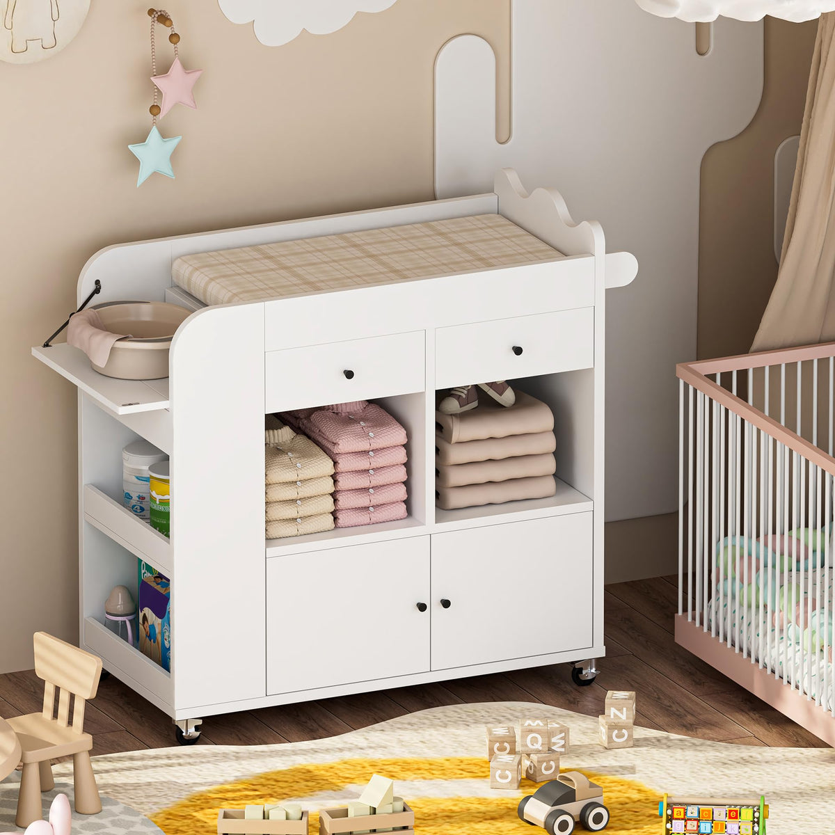 White 2 Drawer Baby Changing Table with Wheels K304441