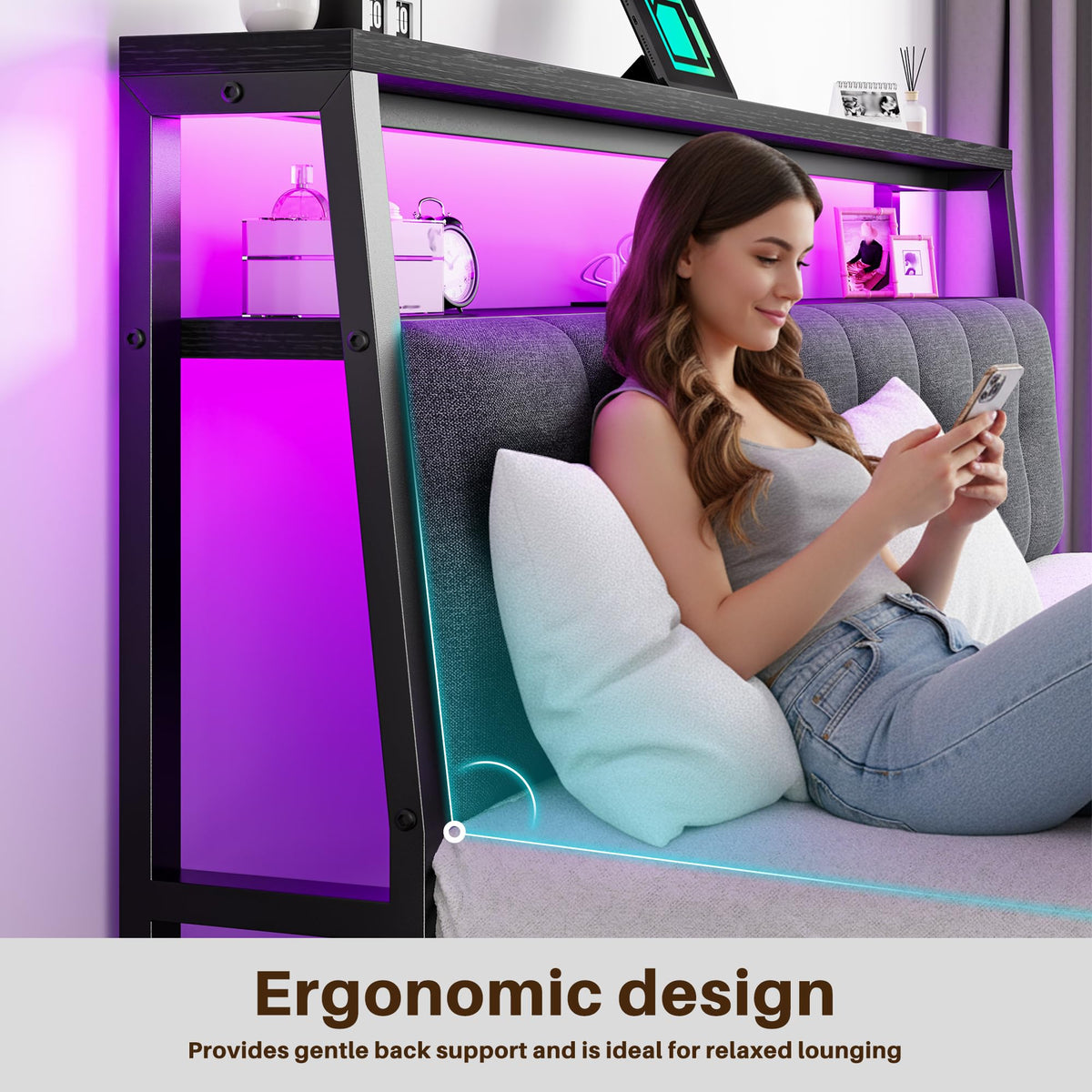 King Bed Frame with Charging Station Black V24227