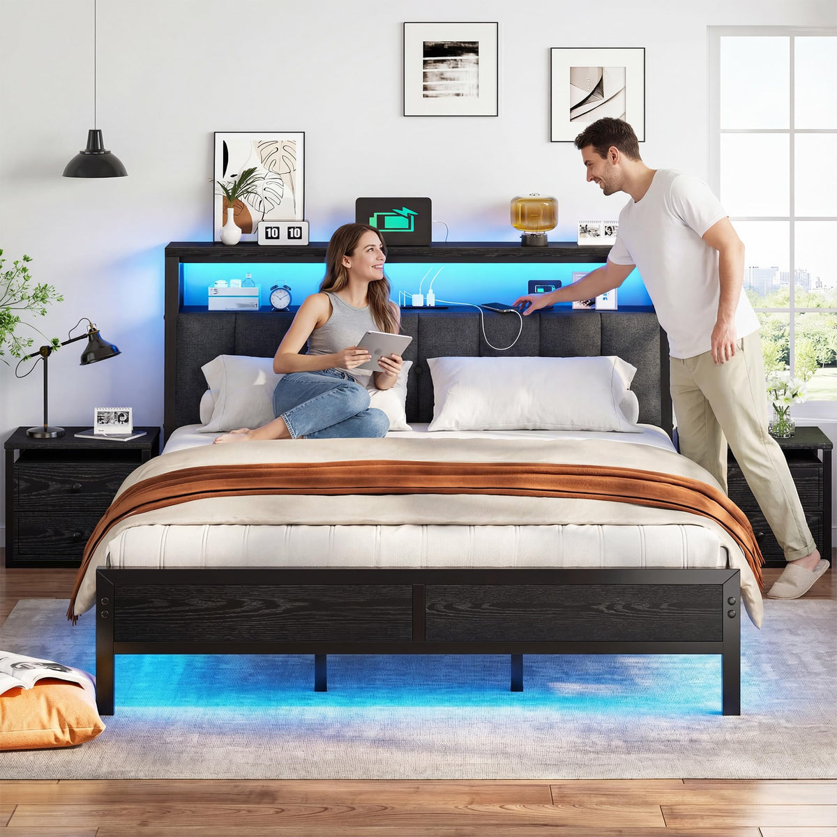 King Bed Frame with Charging Station Black V24227