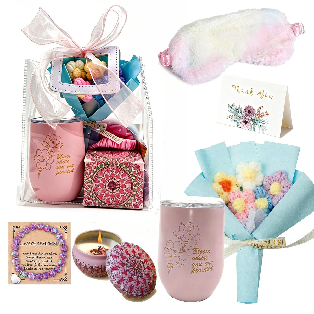 Spa Gift Set with Insulated Tumbler, Candle, Sleep Mask & Flower Bouquet V9185