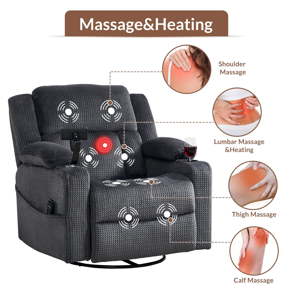 Oversized Power Recliner Chair with Massage and Heat, Grey N5441