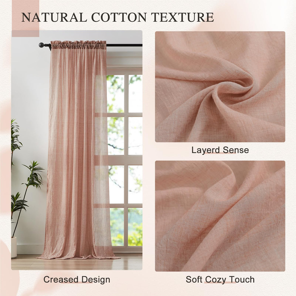 Blush Pink Sheer Cotton Linen Curtains 2 Panels E202688