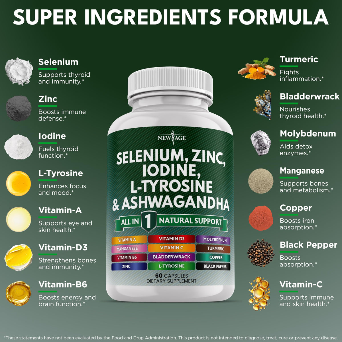 Selenium Zinc Iodine L Tyrosine Ashwagandha Supplement 120 Count L4583