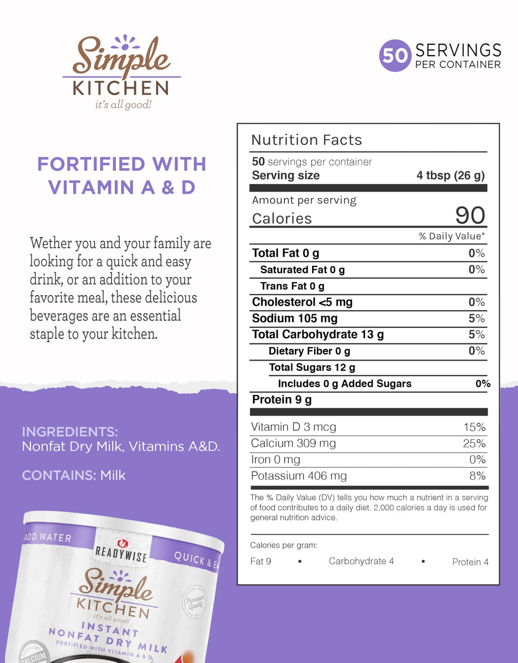 Instant Nonfat Powdered Milk 50 Servings Z525
