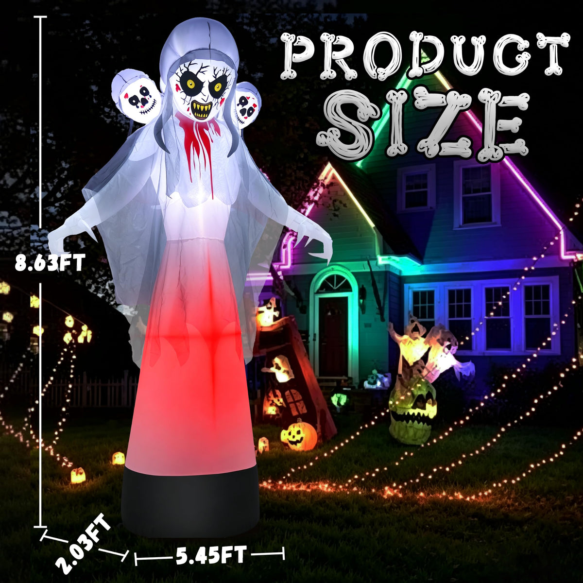 8.6FT Halloween Inflatable Grim Reaper Ghost with Skull Heads Z91855