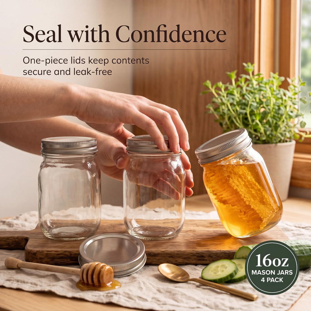 16 oz Clear Glass Mason Jars with Lids H1484