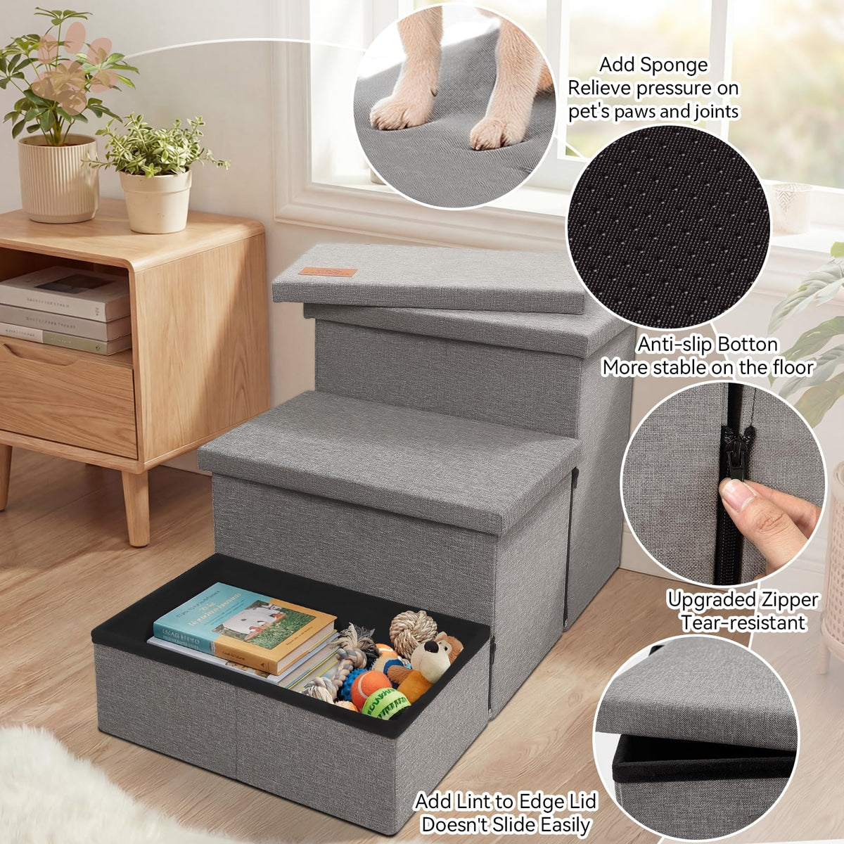 Grey 3 Steps Dog Stairs with Storage Z497