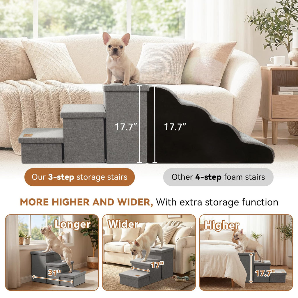 Grey 3 Steps Dog Stairs with Storage Z497