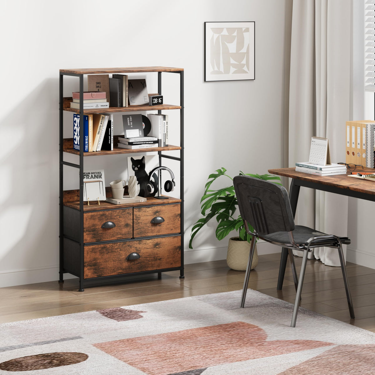 47-Inch 6 Tier Wood and Metal Bookshelf with 3 Fabric Drawers C901157