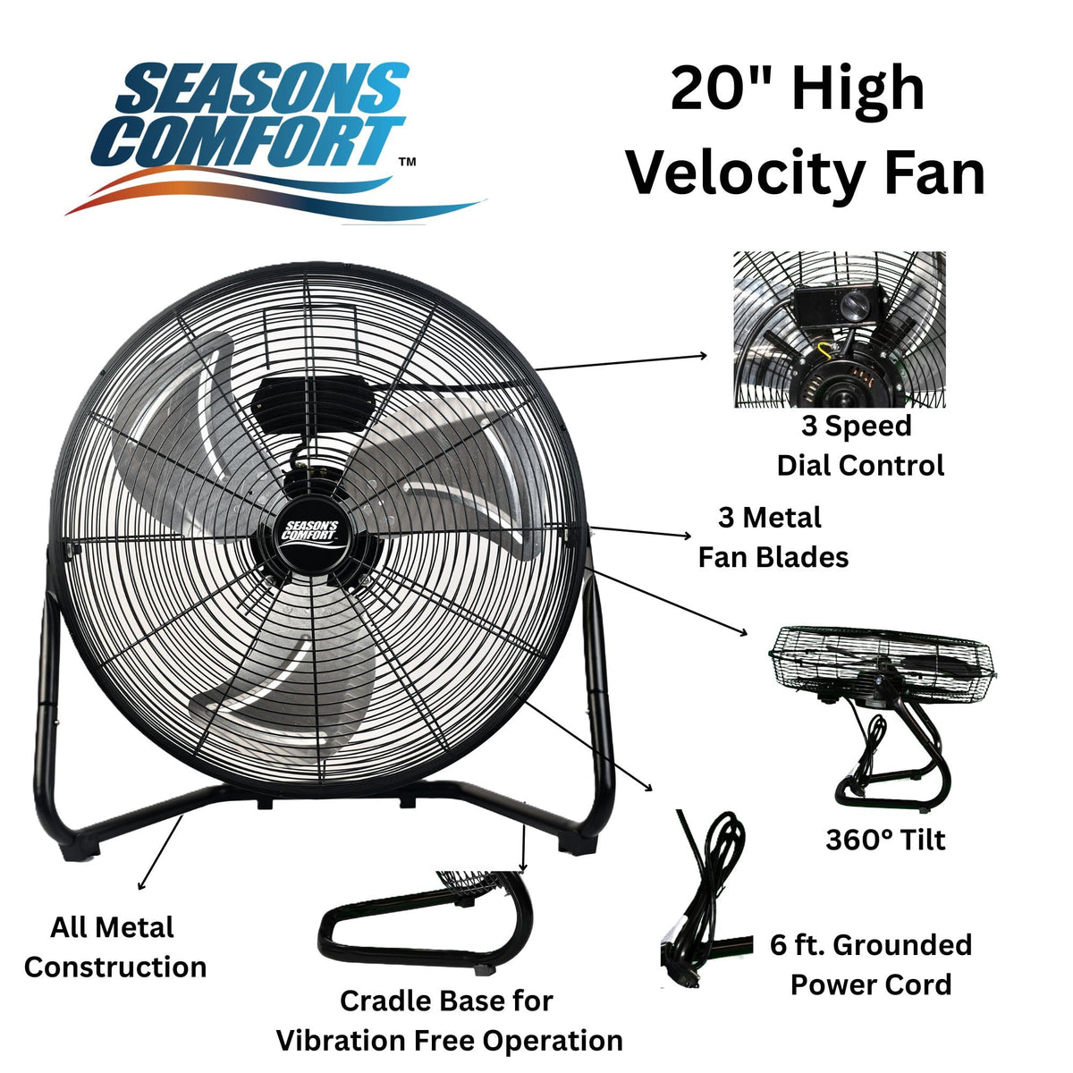20 Inch 3 Speed Black High Velocity Fan N43959