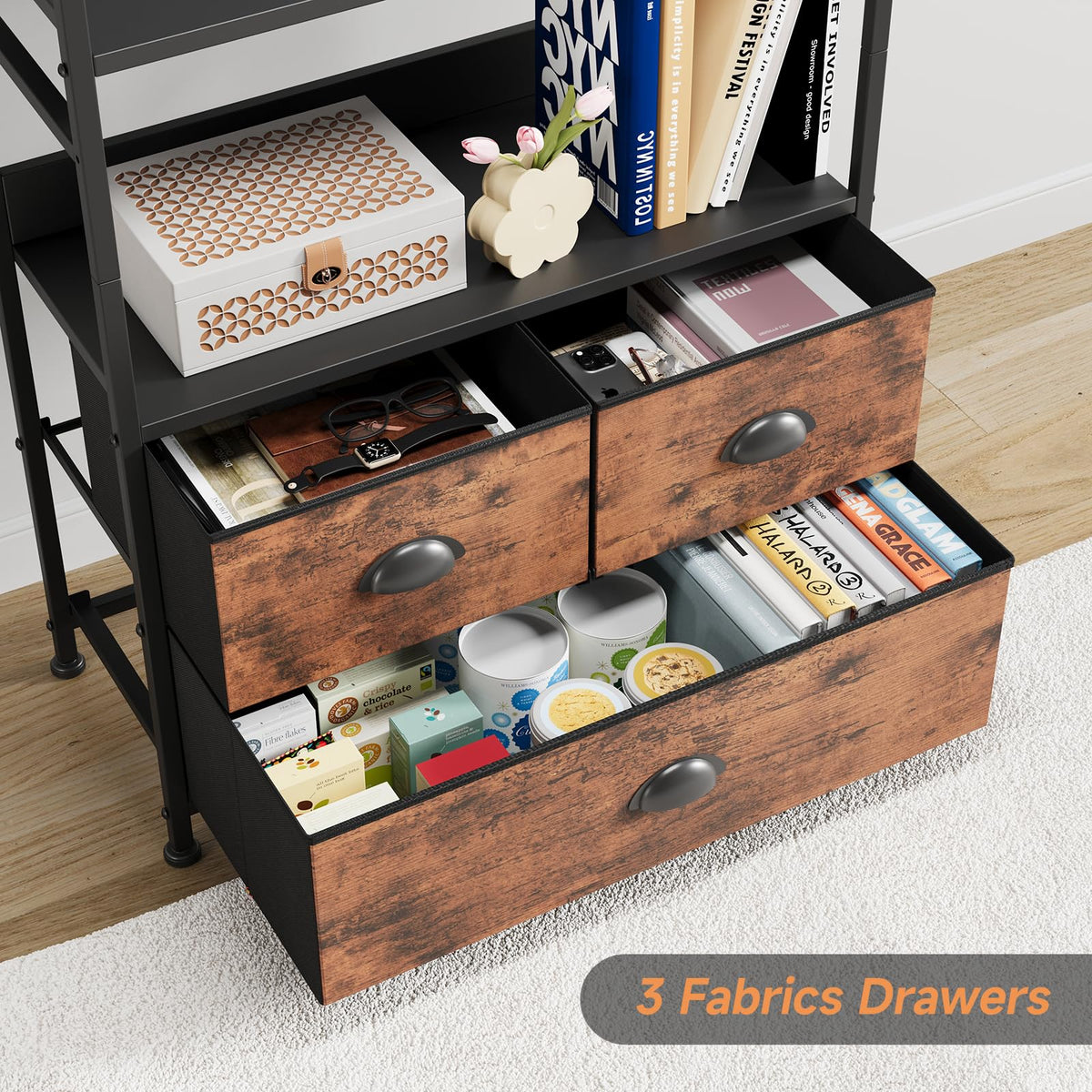 47-Inch 6 Tier Wood and Metal Bookshelf with 3 Fabric Drawers C901157