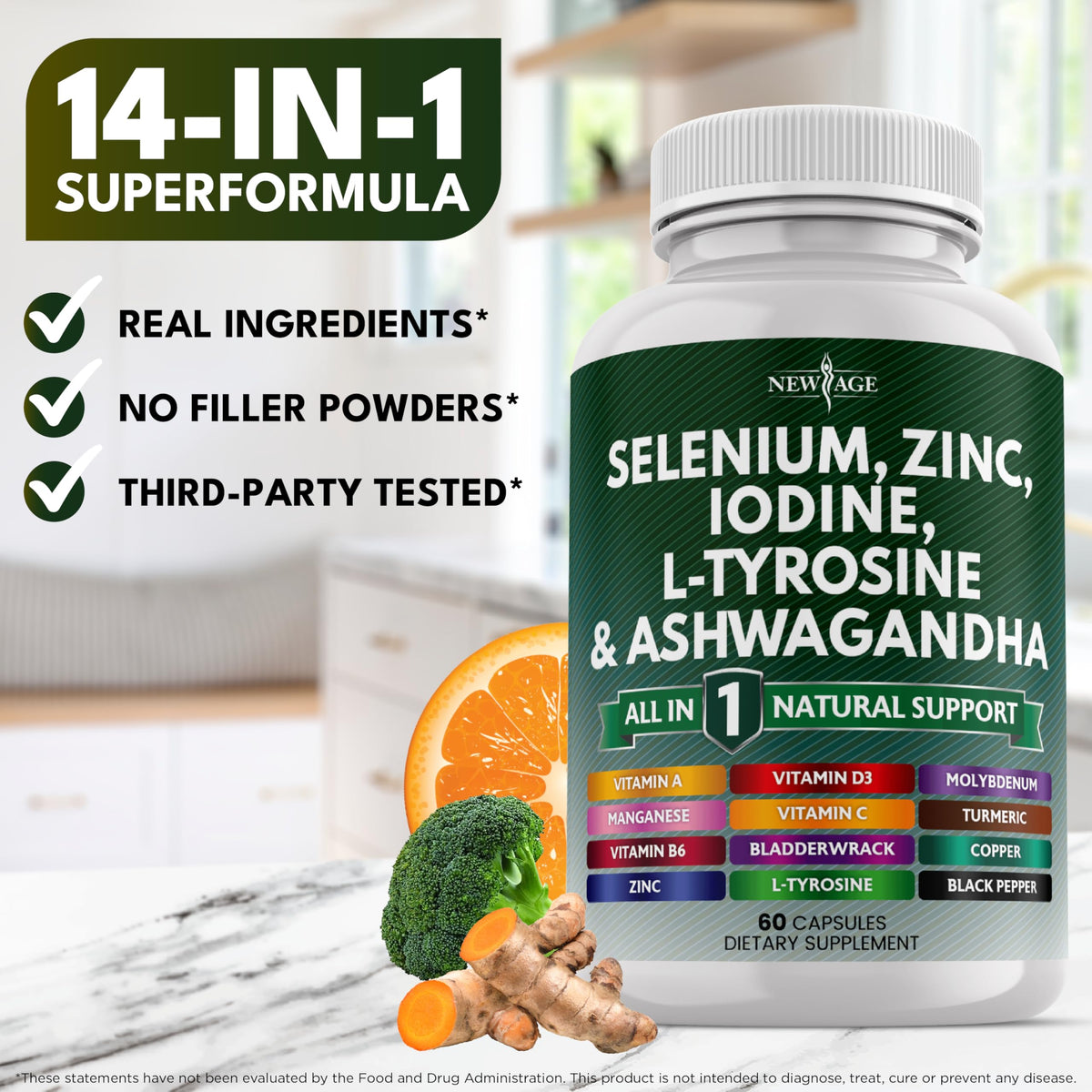 Selenium Zinc Iodine L Tyrosine Ashwagandha Supplement 120 Count L4583