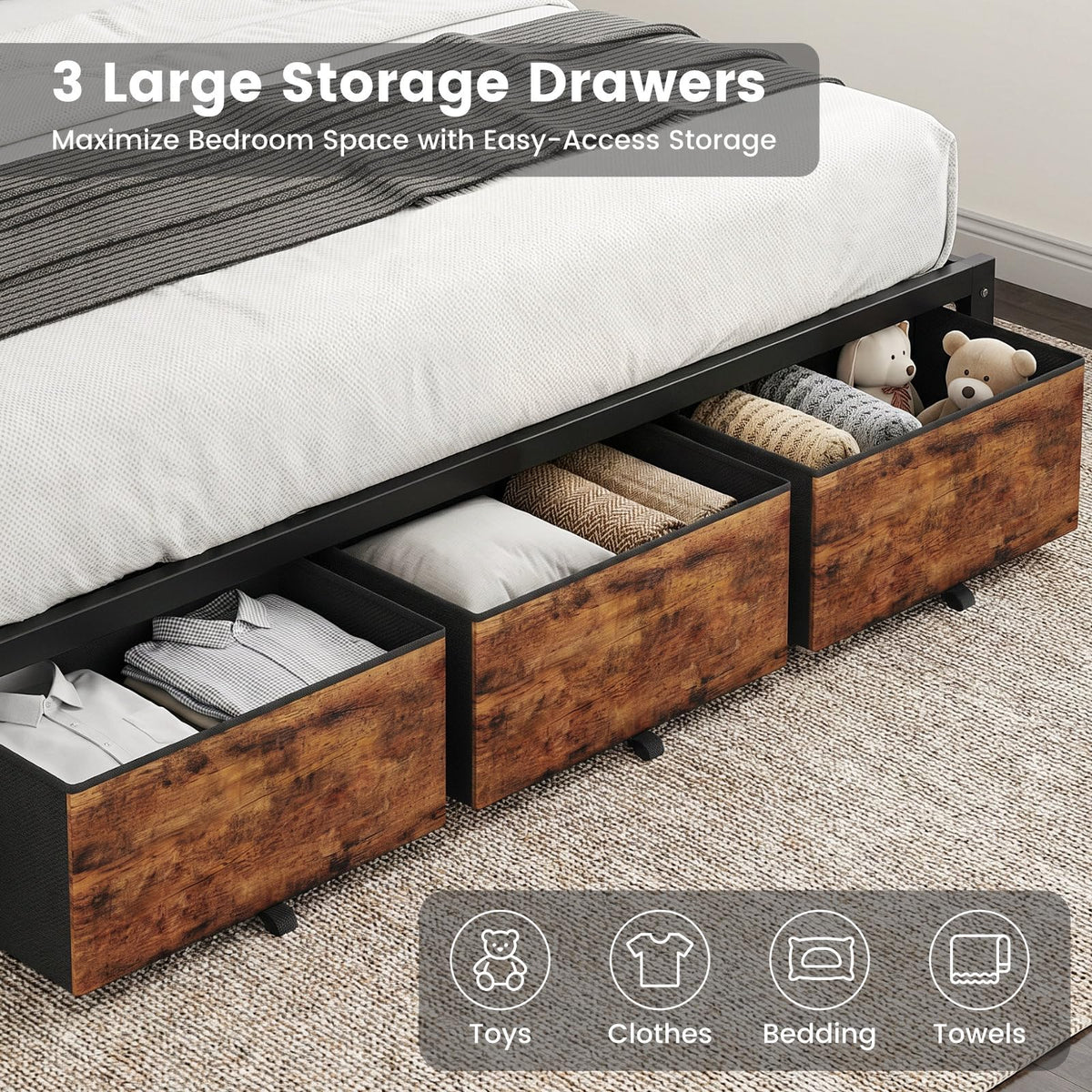 King Size Bed Frame with Storage Headboard and 3 Drawers V863