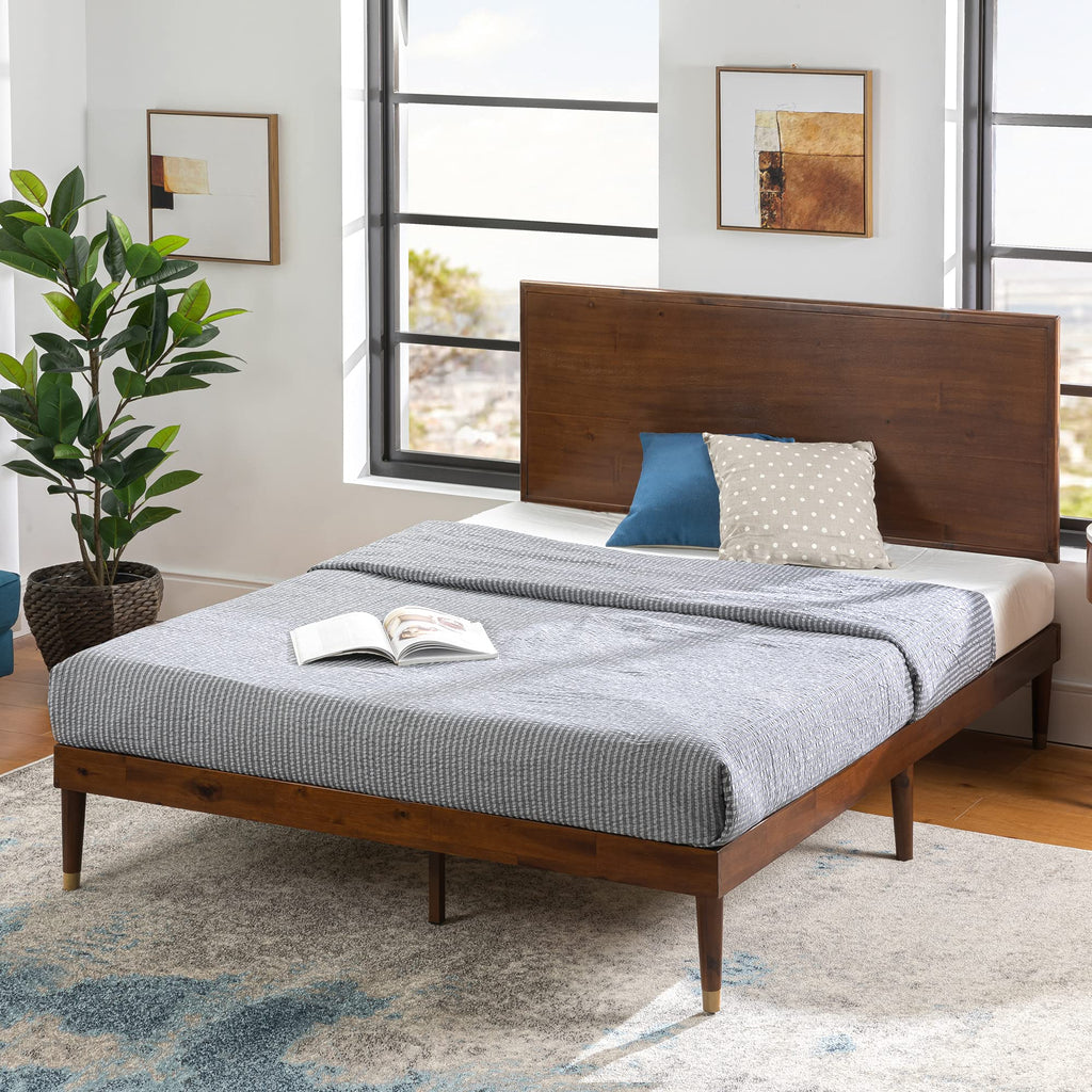 King Brown Wood Platform Bed Frame with Adjustable Headboard F53945