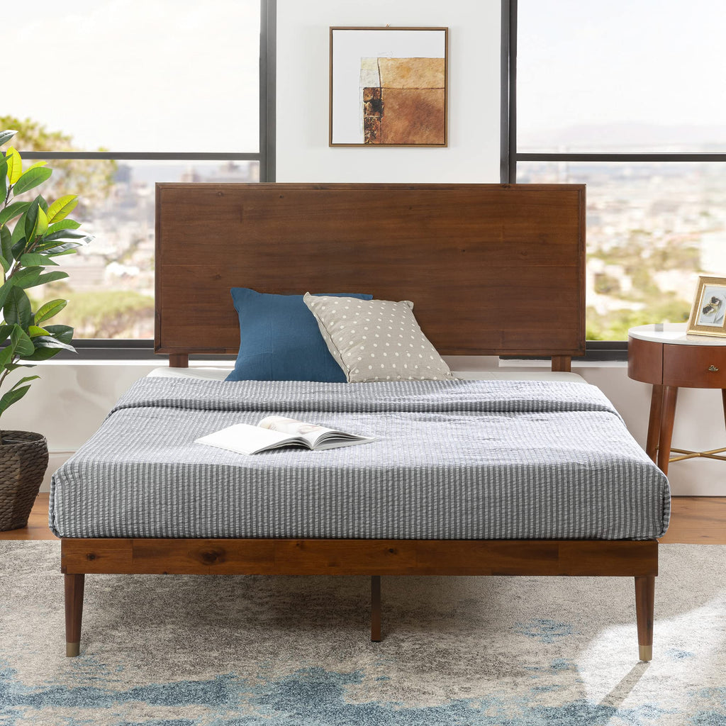 King Brown Wood Platform Bed Frame with Adjustable Headboard F53945