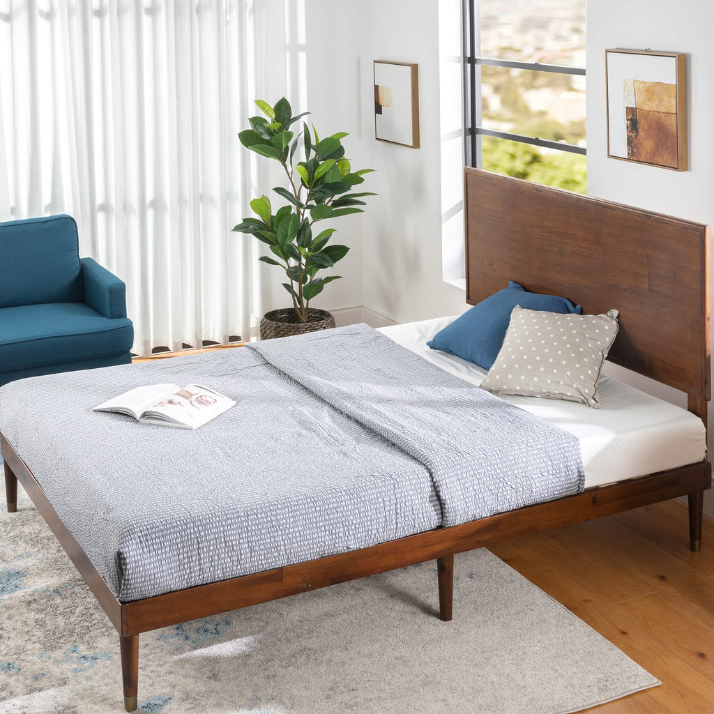 King Brown Wood Platform Bed Frame with Adjustable Headboard F53945