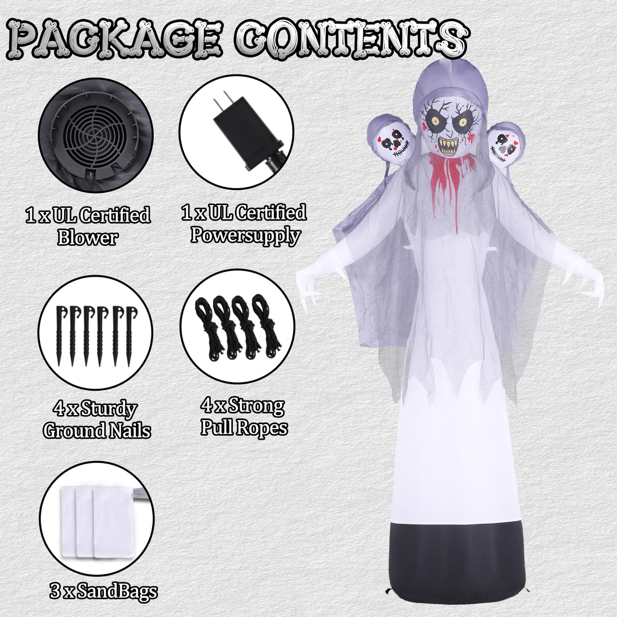 8.6FT Halloween Inflatable Grim Reaper Ghost with Skull Heads Z91855