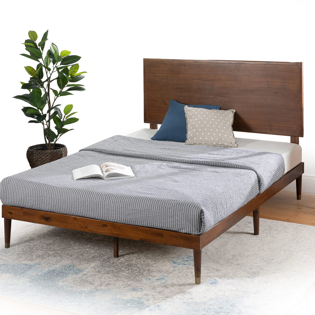 King Brown Wood Platform Bed Frame with Adjustable Headboard F53945