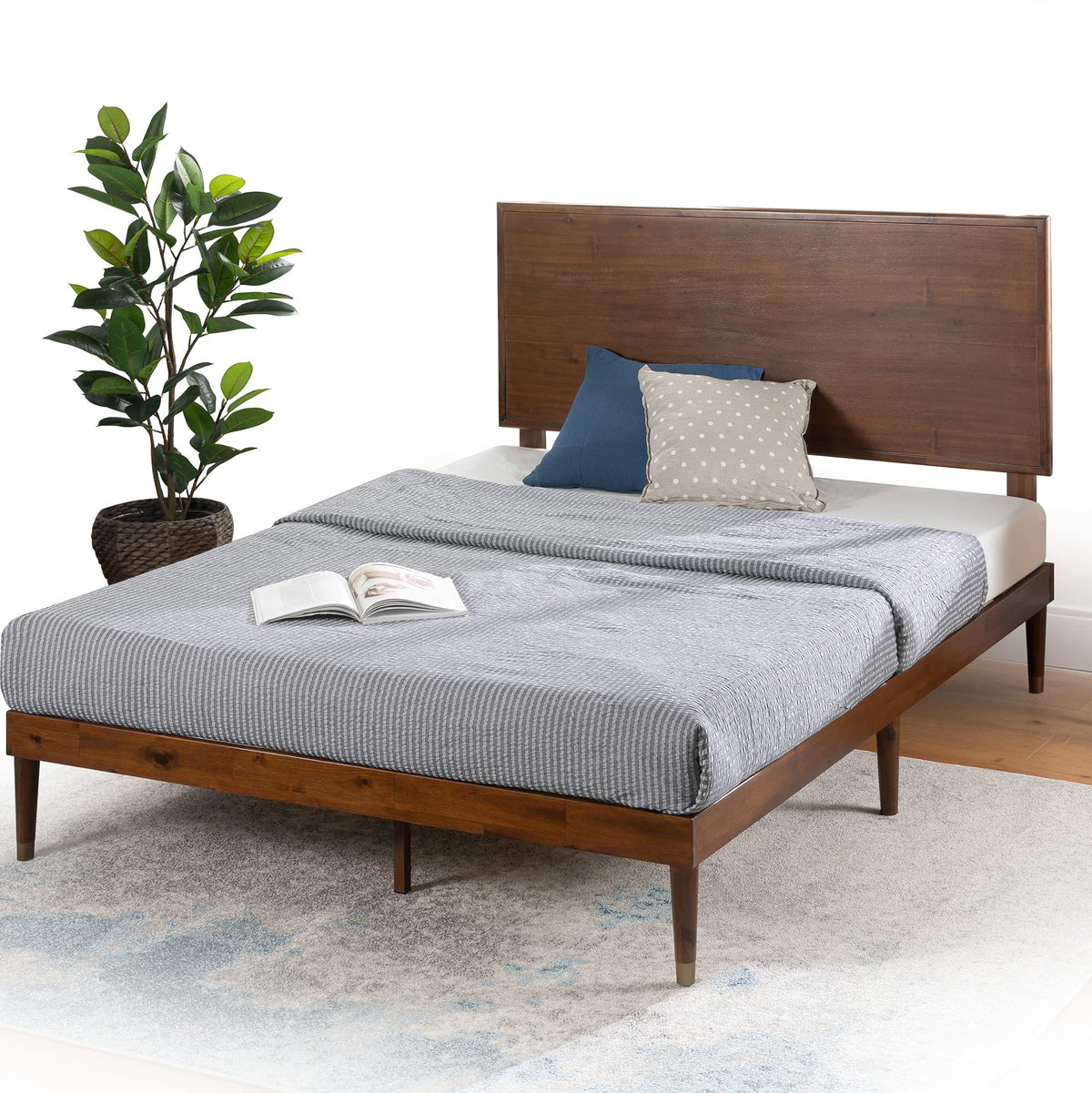 King Brown Wood Platform Bed Frame with Adjustable Headboard F53945