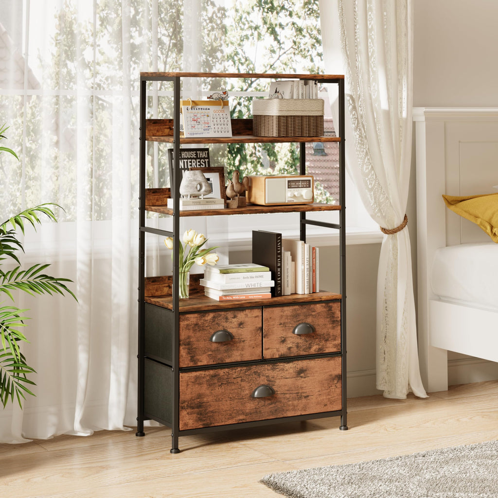 47-Inch 6 Tier Wood and Metal Bookshelf with 3 Fabric Drawers C901157
