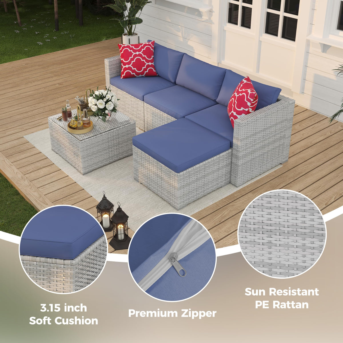 5-Piece Wicker Patio Furniture Set with Cushions & Coffee Table E894