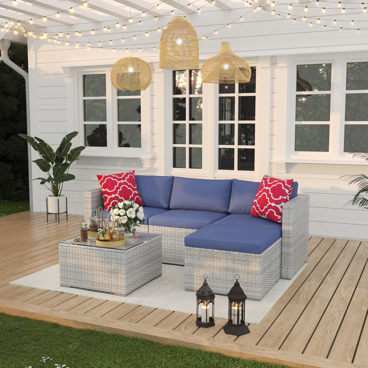 5-Piece Wicker Patio Furniture Set with Cushions & Coffee Table E894