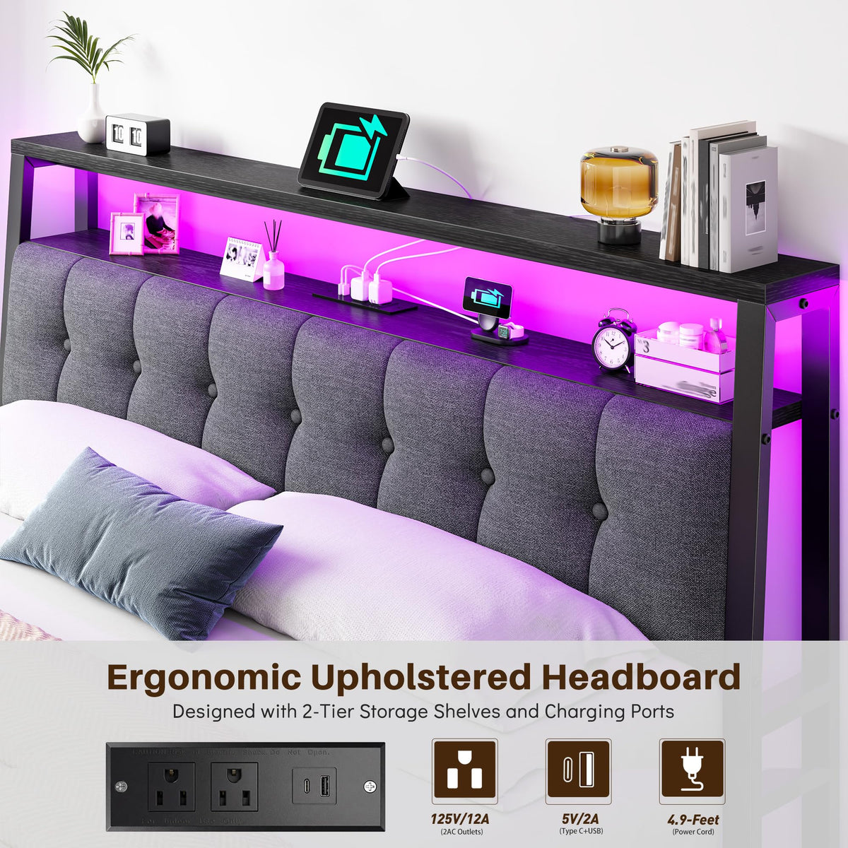 King Bed Frame with Charging Station Black V24227