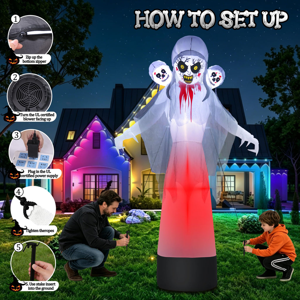 8.6FT Halloween Inflatable Grim Reaper Ghost with Skull Heads Z91855